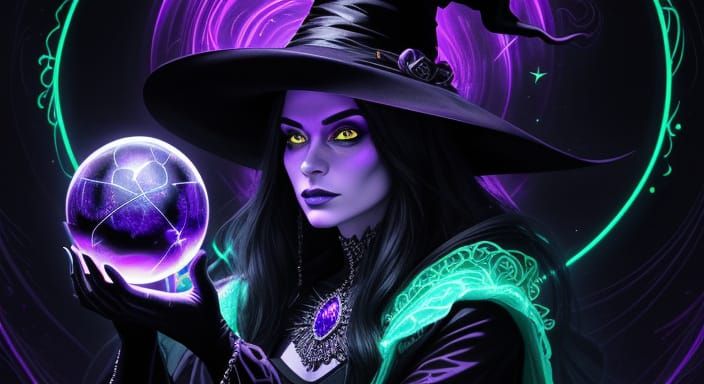 Neon Realist Witch Gazes Into Glowing Crystal Ball