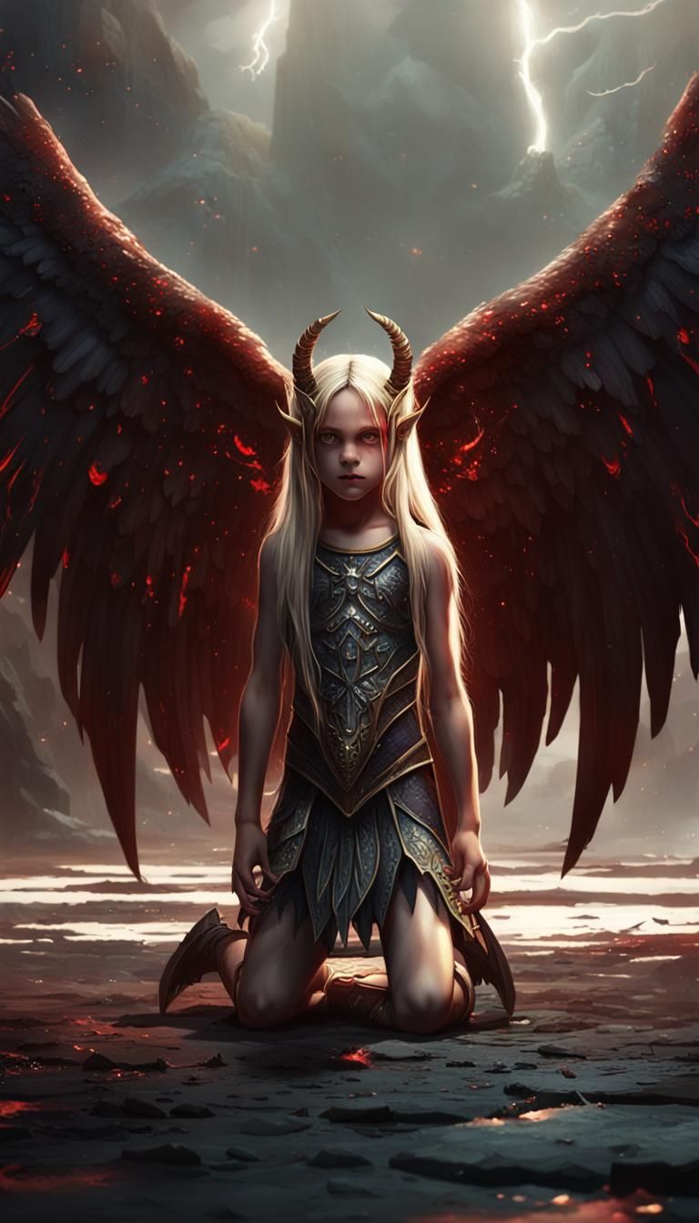 Winged Girl with Horns: Dark Fantasy Art