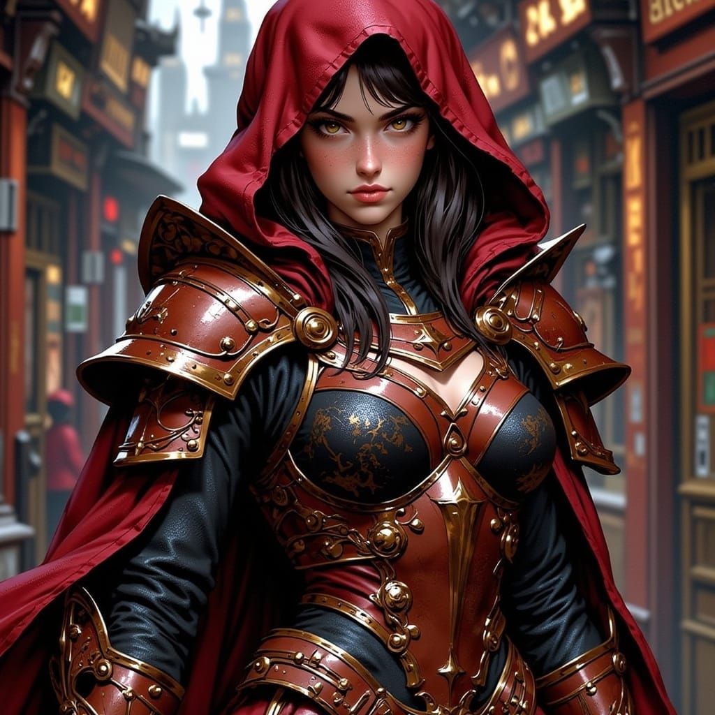 Cerise Hood Warrior in Red Black Brown Armor