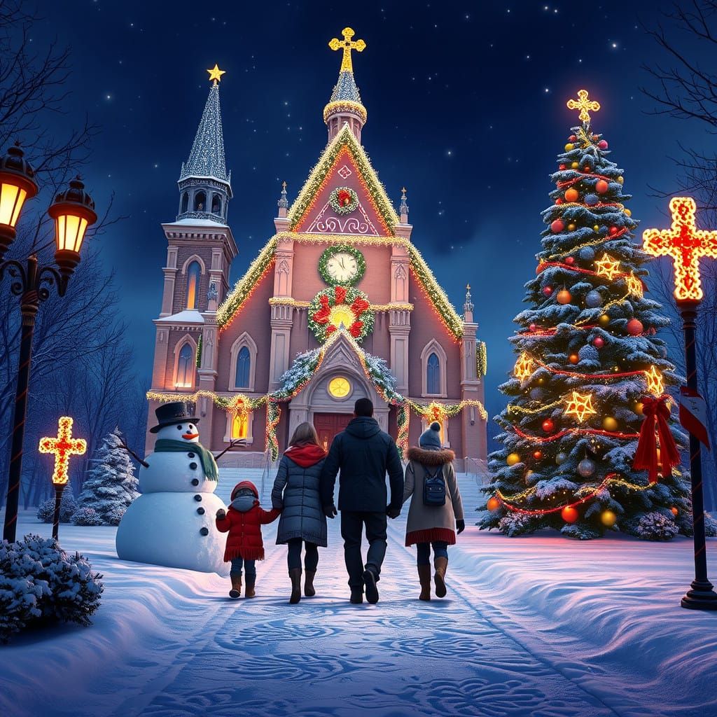 Family Approaches Majestic Christmas Church in Whimsical Sty...