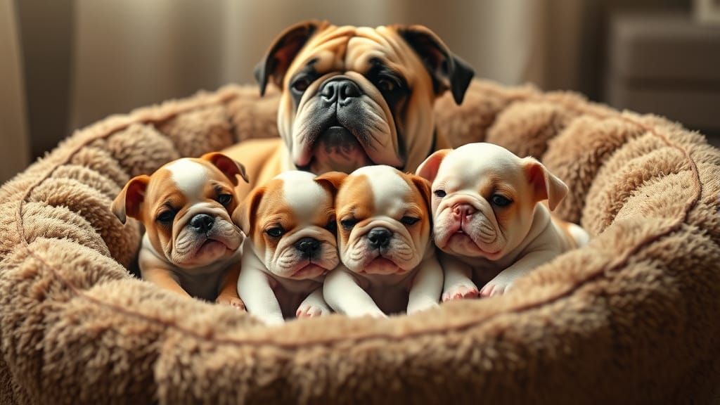British Bulldog Mother and Puppies in Cozy Dog Bed Scene