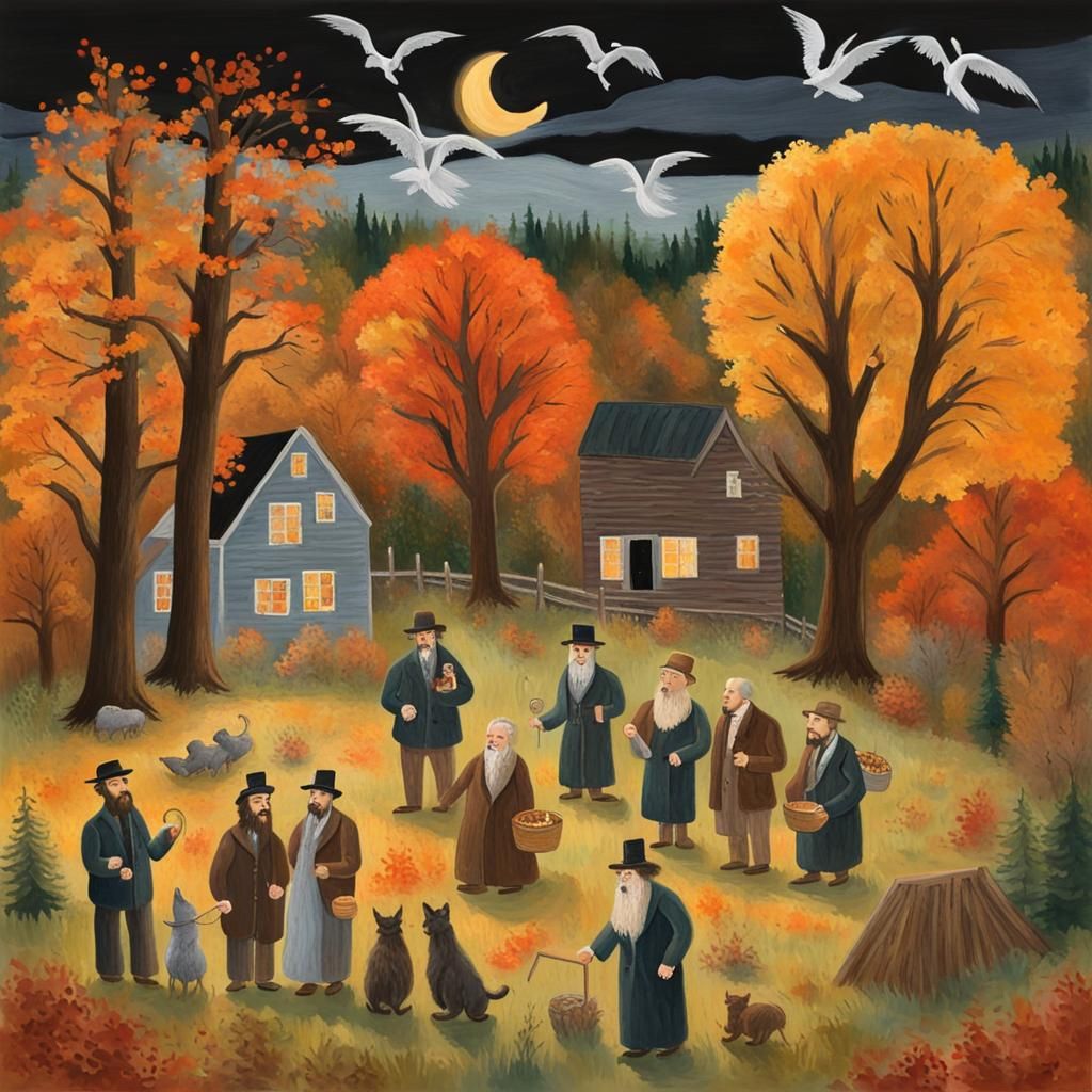 Samhain Celebration in Grandma Moses Style