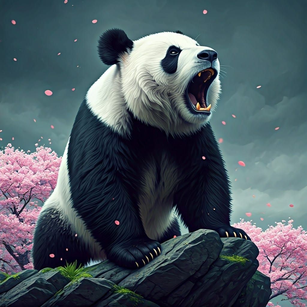Hyperrealistic Panda Roar Among Cherry Blossoms