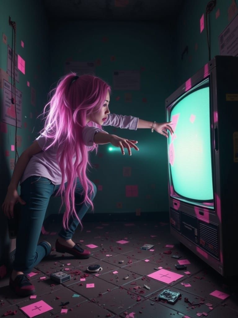 Girl Trapped in TV Reality in Cyberpunk Horror Style