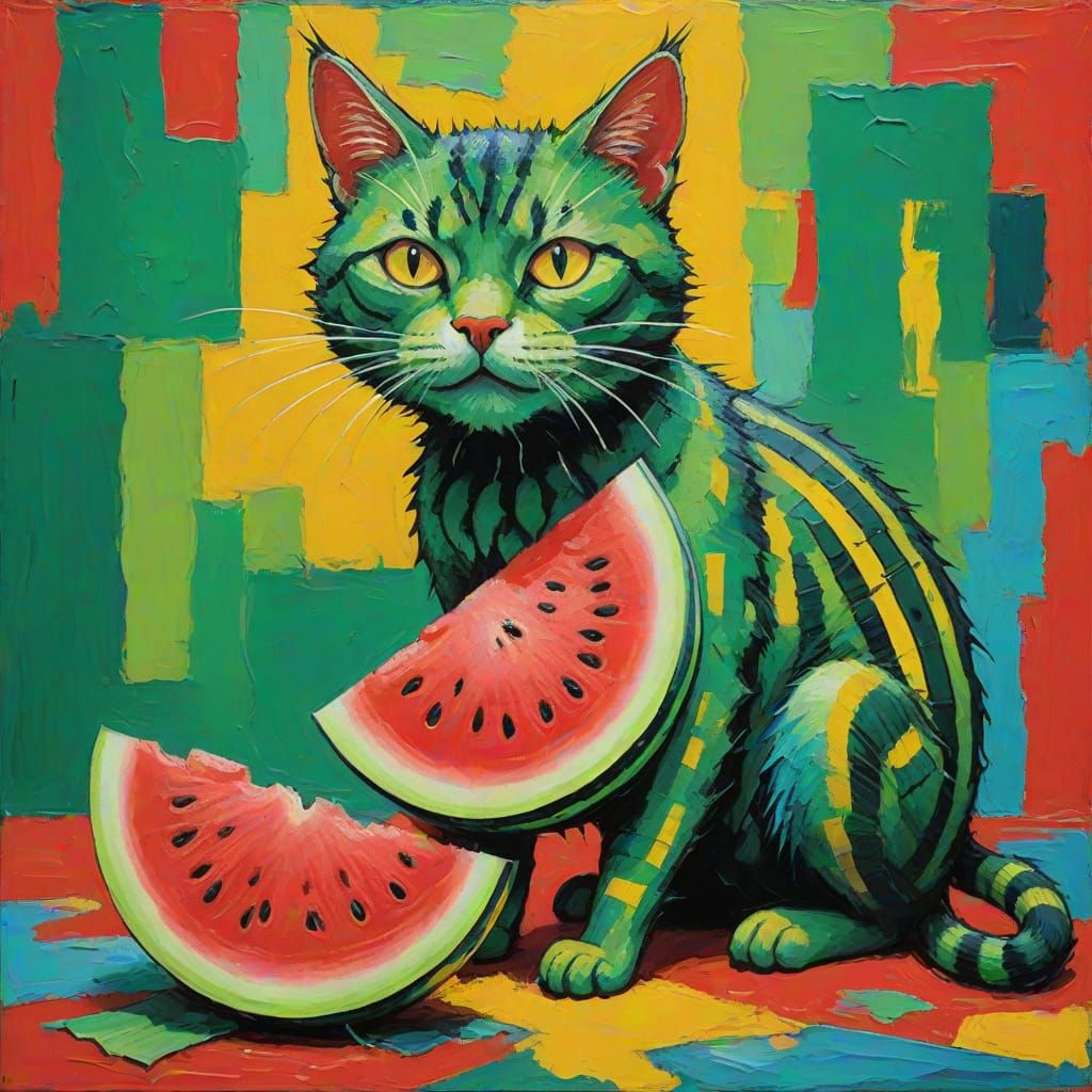 Vibrant Watermelon Cat in Neo-Expressionist Oil Painting