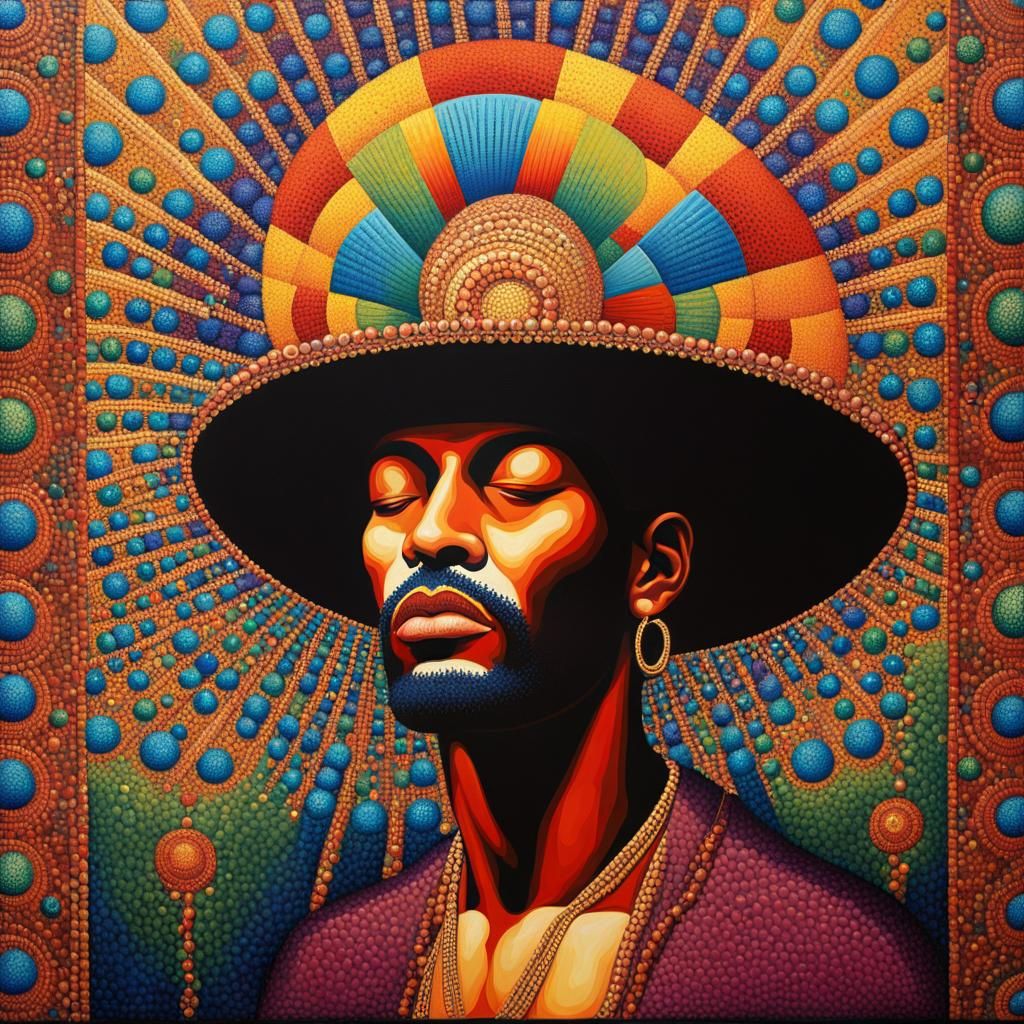 Man in Elaborate Hat: Saturated Pointillist Funk Art
