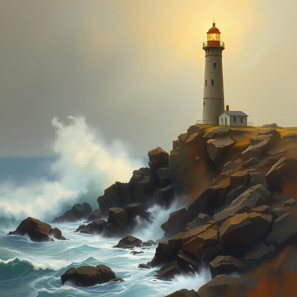 Lighthouse on Rocky Coast in Atmospheric Style