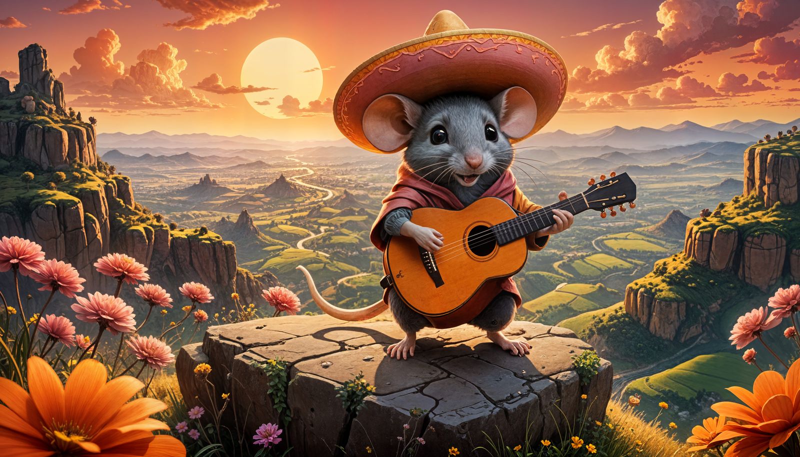 Mouse Guitarist at Sunset in Ghibli Style
