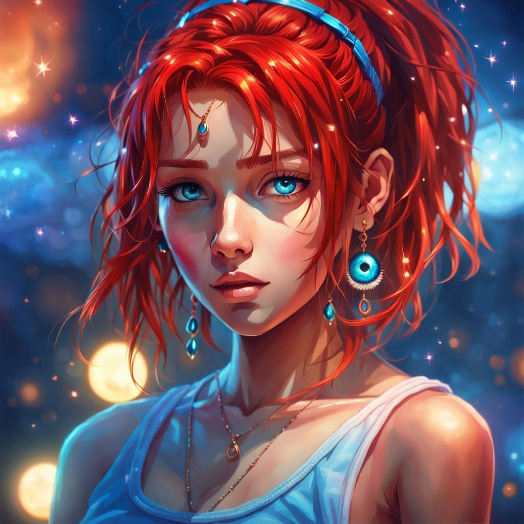 Anime Girl with Red Hair and Holy Glow