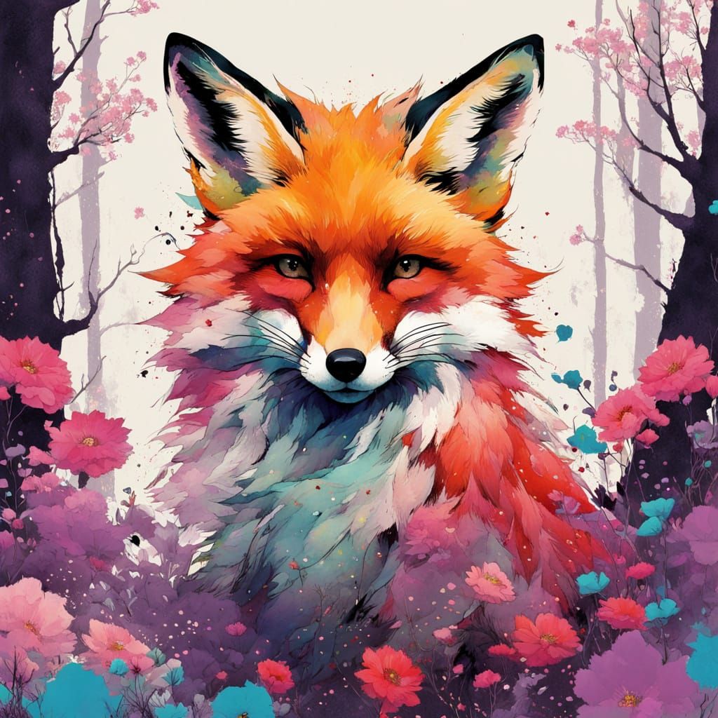 Whimsical Fox Amidst Vibrant Blooms in a Fantastical Forest