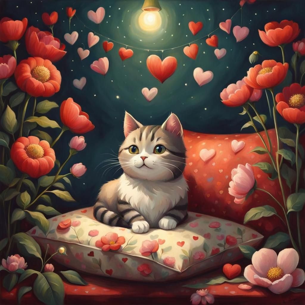 Cute Cat Surrounded by Flowers and Heart Lights