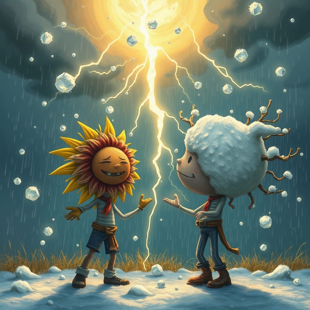 Summer and Winter in a harsh argument resulting in a terrible thunderstorm with huge hailstones