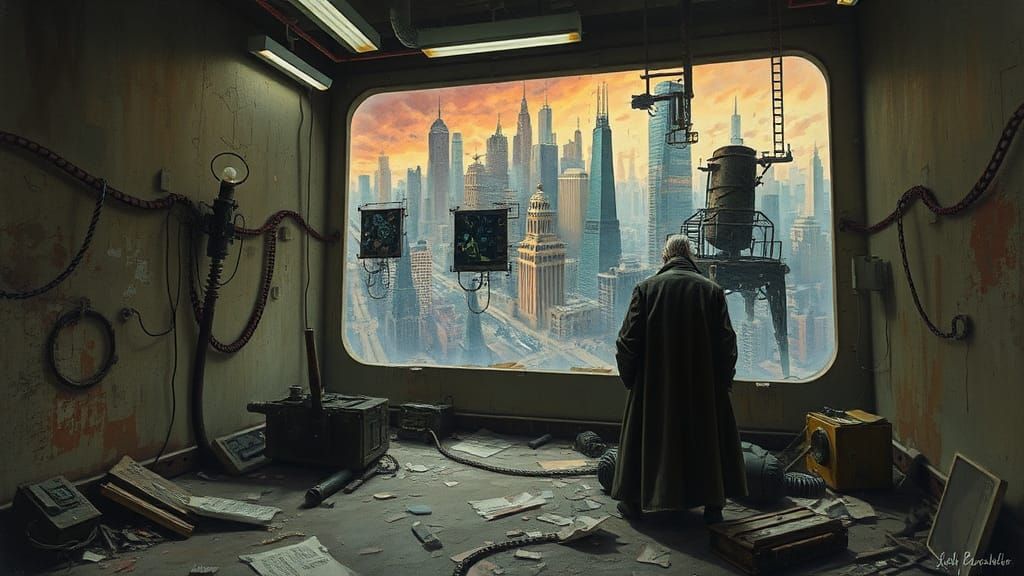 Dystopian Room with Crumbling Walls in Watercolor Style