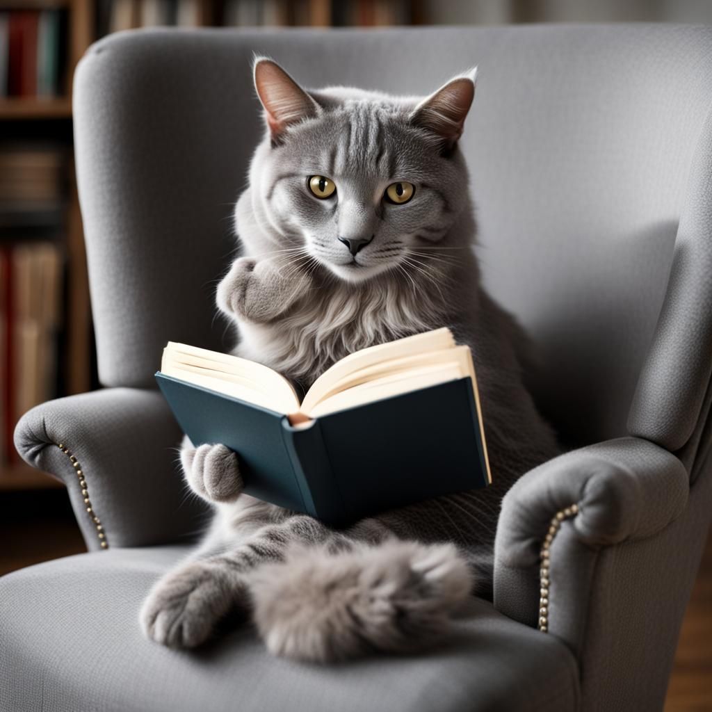 Grey Cat Reading Book in Chair