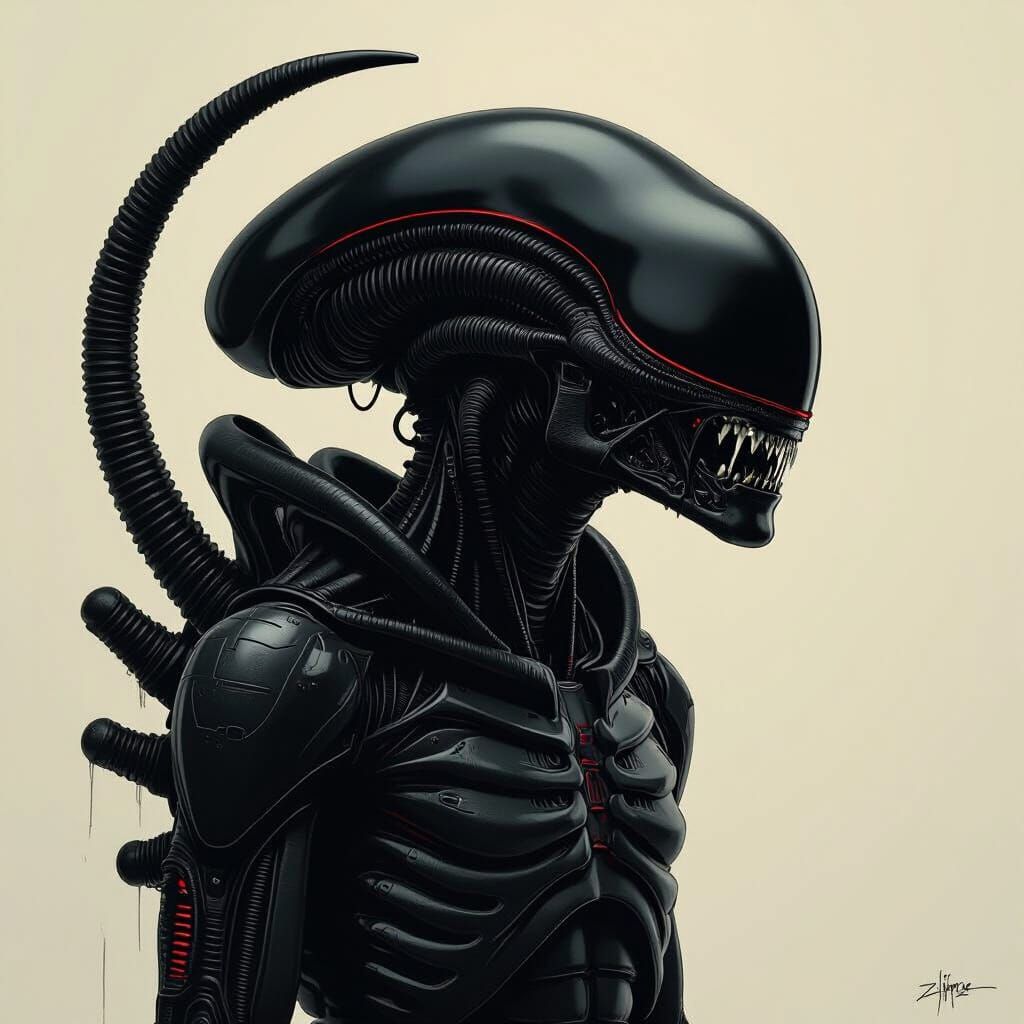 Xenomorph Close-up in Biomechanical Noir Style