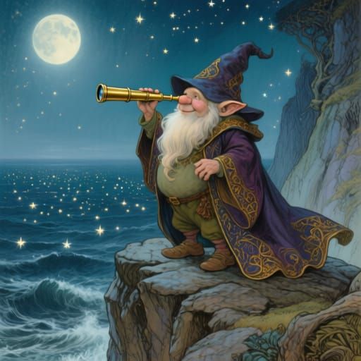 Gnome Wizard Gazes at Starry Ocean on Cliff