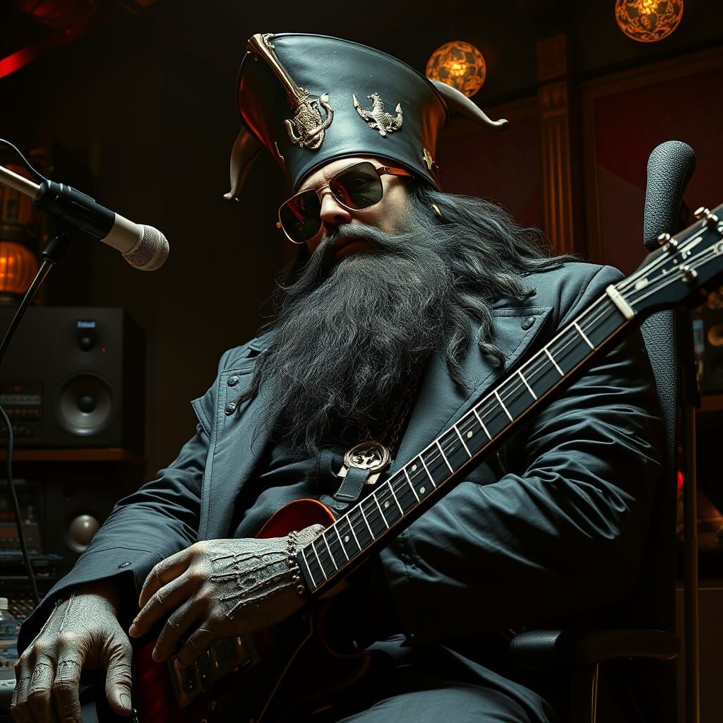 Modern Bluebeard Rock Star in Dark Recording Studio