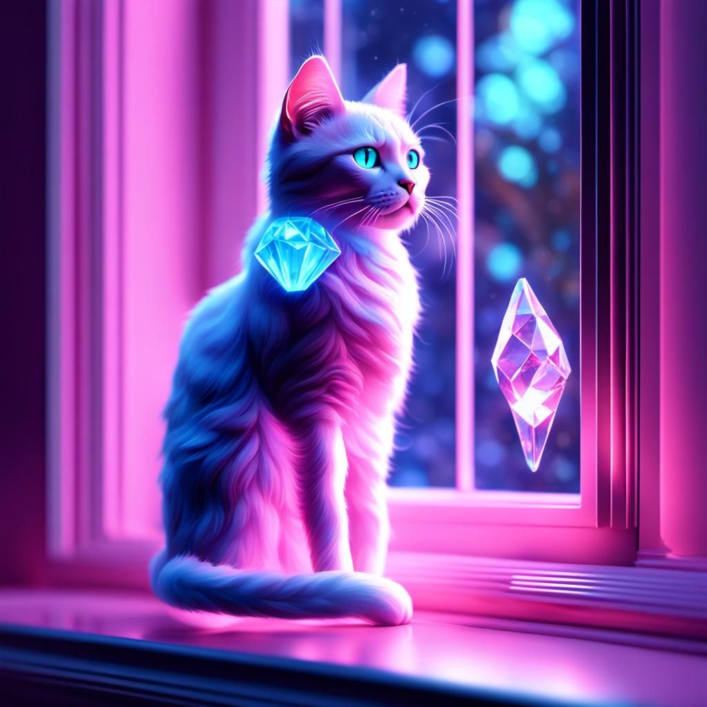 Bioluminescent Glass Cat in Pink Bedroom: Fantasy Art