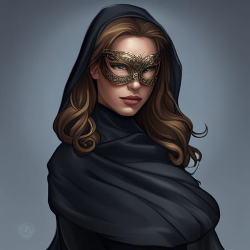 Dark-Haired Girl with Mask in Hyperdetailed Portrait