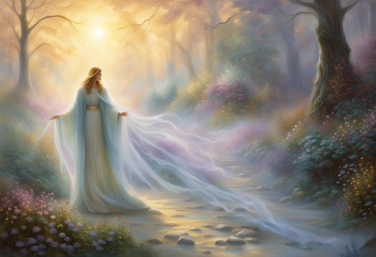 Ethereal Figure Enters Glowing Afterlife Realm