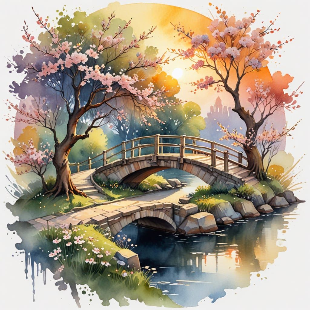 Stunning Sunset Watercolour Masterpiece of Blossom Tree Brid...