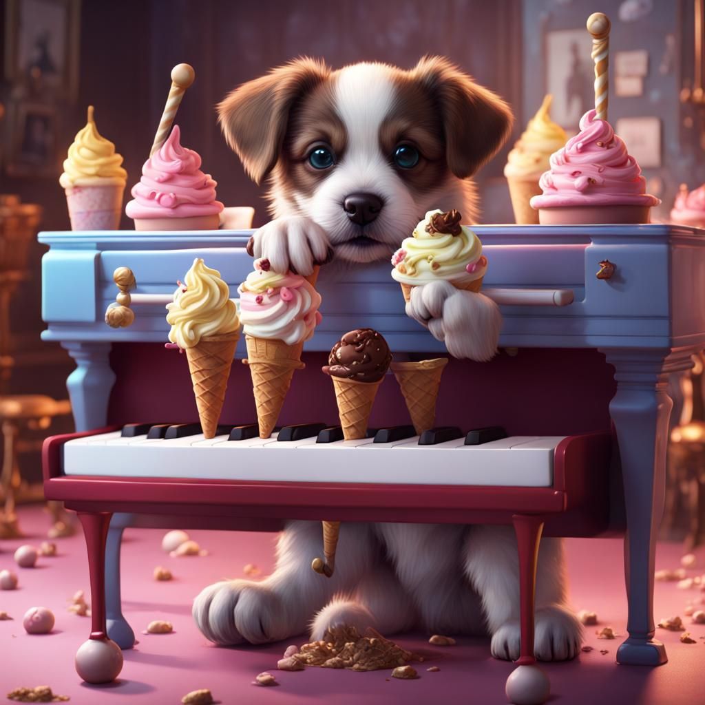Puppy Eating Ice Cream on Piano: Detailed Matte Painting