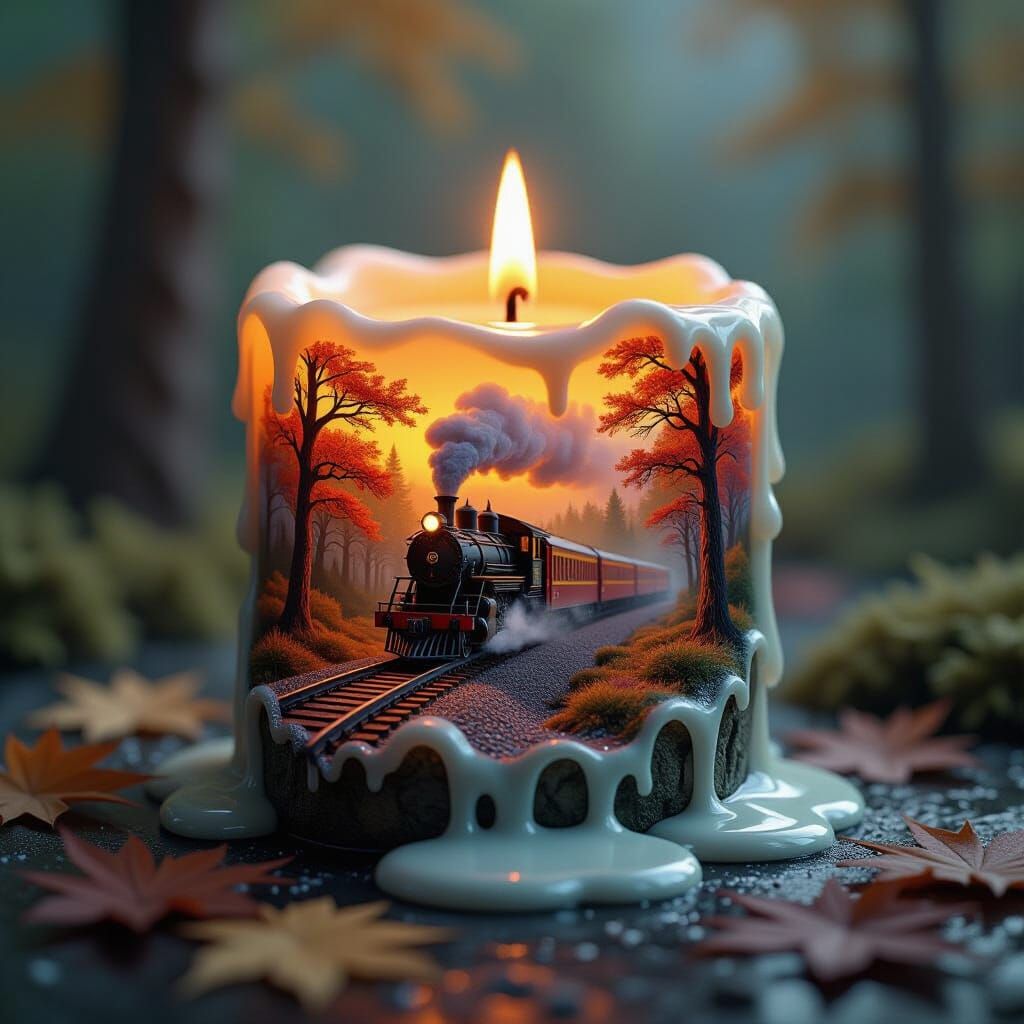 Melting Candle Reveals Autumn Forest Train Scene in Graffiti...
