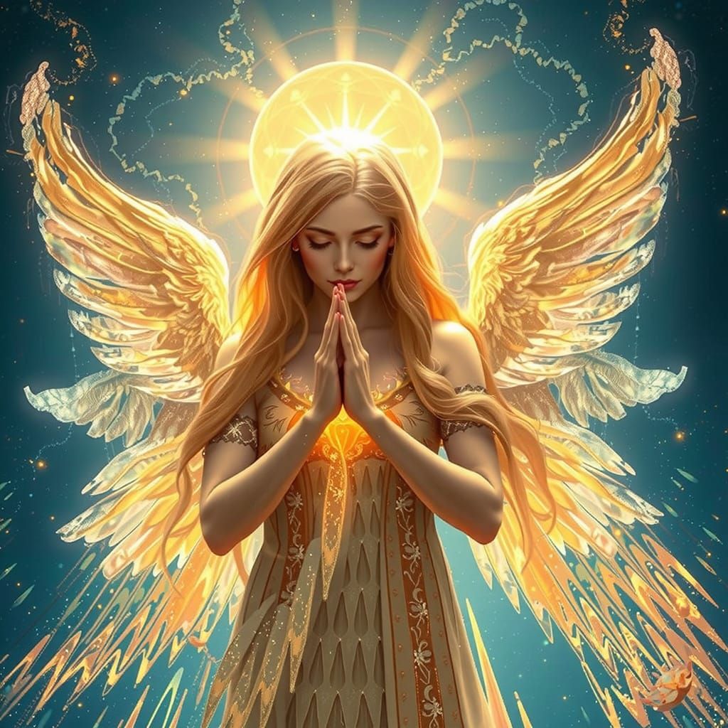 Serene Goddess with Golden Halo and Wings in Prayer