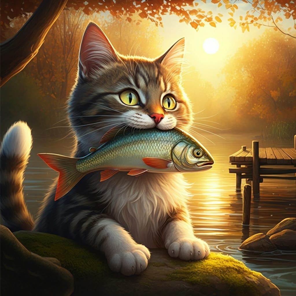 Whimsical Cat Fishing Adventure Under Sunny Skies