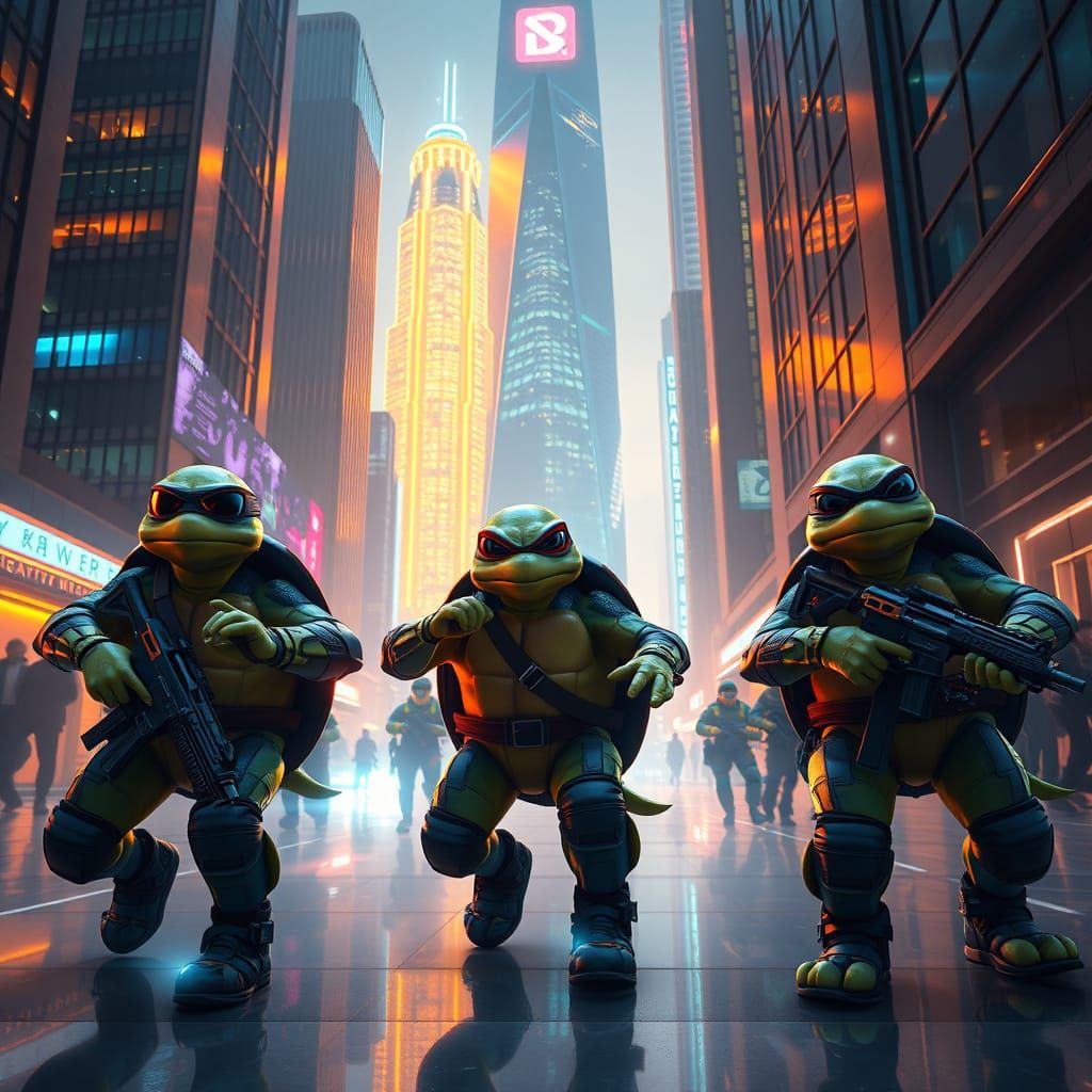 Turtles Storm Futuristic Bank in Neon-Lit Cityscape