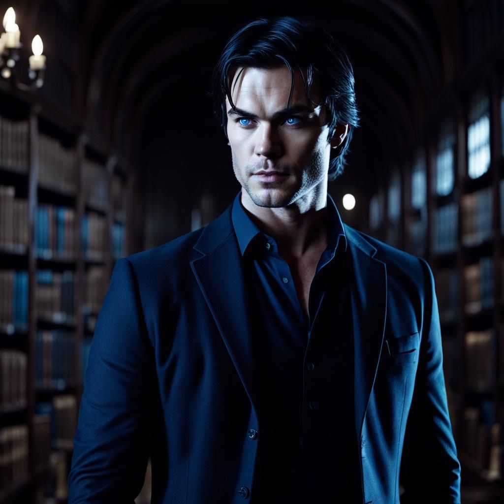 dark and handsome Damon Salvatore, inside old library in bac...
