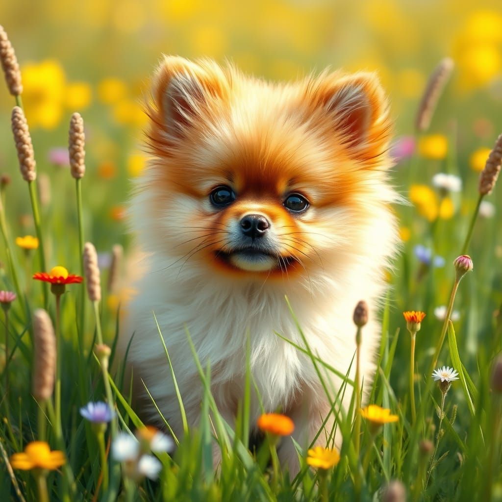 Whimsical Pomeranian Puppy in a Sun-Drenched Meadow