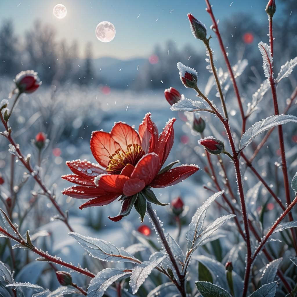 Red Glass Flower Blossoming in Winter Snow