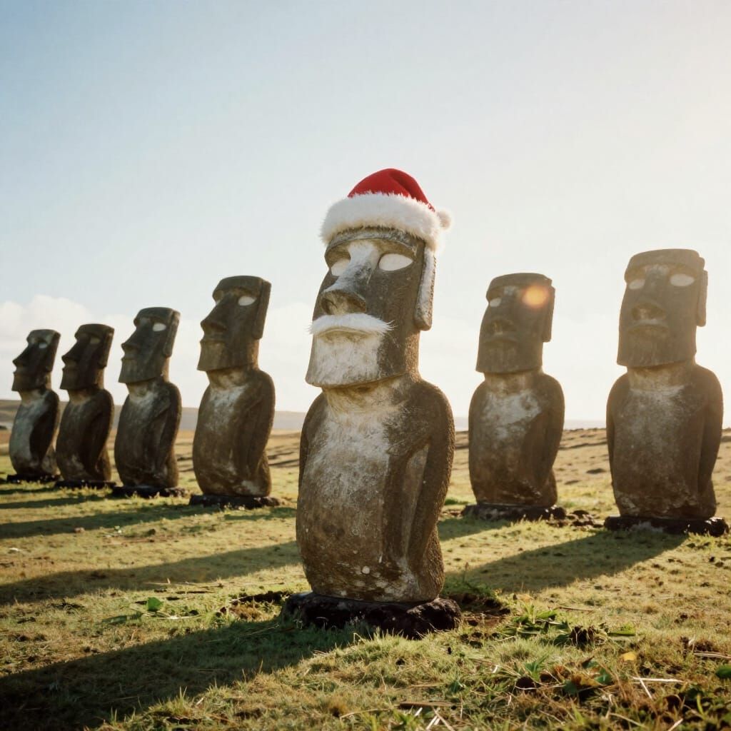 Easter Island Moai Statue as Santa in 70s Photo Style
