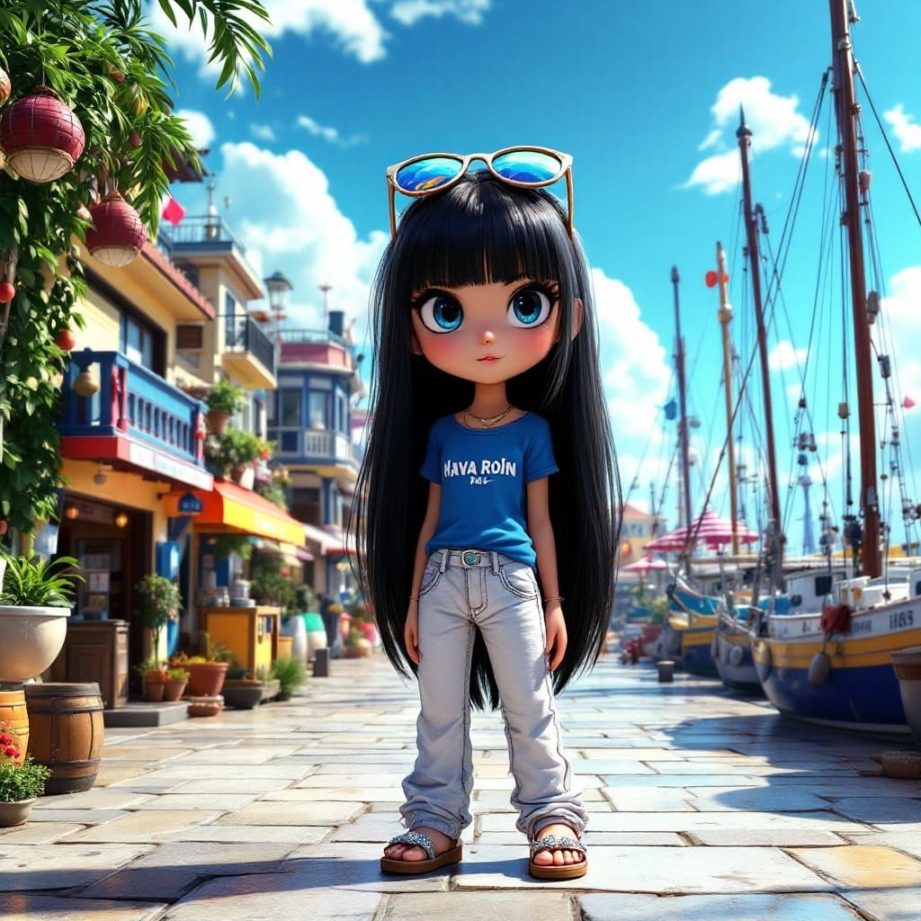 Chibi Nico Robin in Vibrant Fishing Port Setting