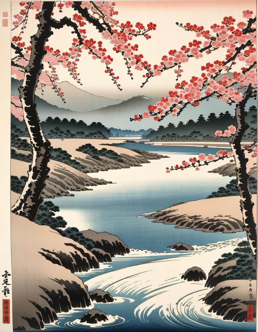 Shin-Hanga Print of Blooming Sakura by River