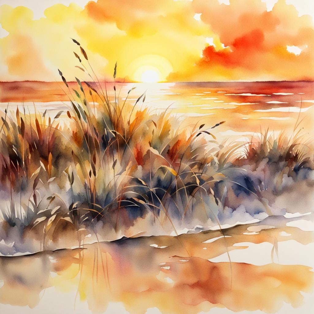 Watercolor Reeds Silhouetted by Beach Sunset