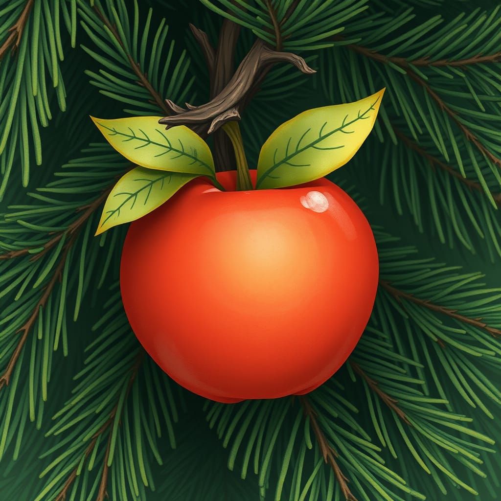 Apple Growing on Pine Branch, Whimsical Illustration