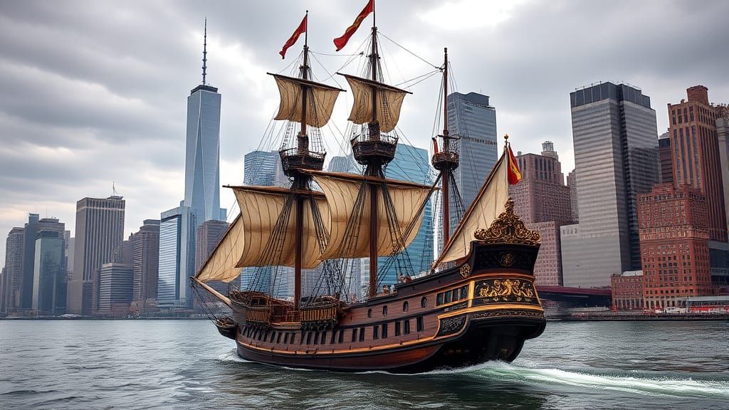 Majestic Spanish Galleon Sails Up East River Against Manhatt...