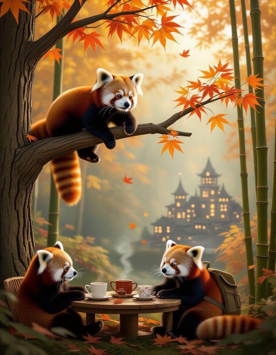 Playful Red Pandas in Magical Autumn Forest City