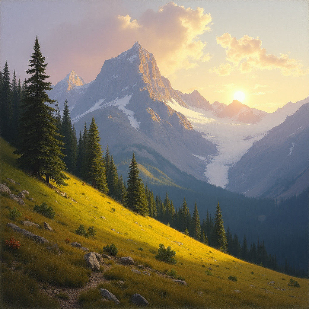 Serene Green Mountain Landscape in Romantic Style