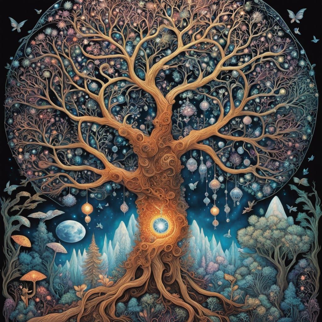 Glowing Crystal Tree Under Moonlight