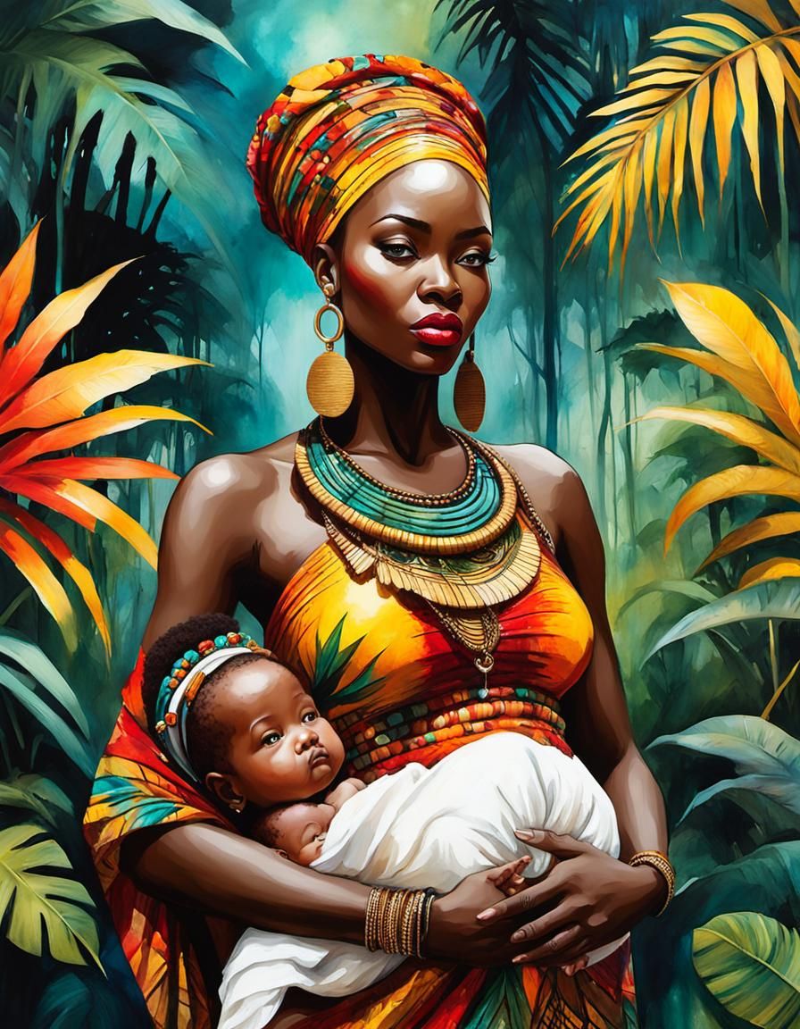 African Woman and Baby in Jungle, Graffiti Art Style