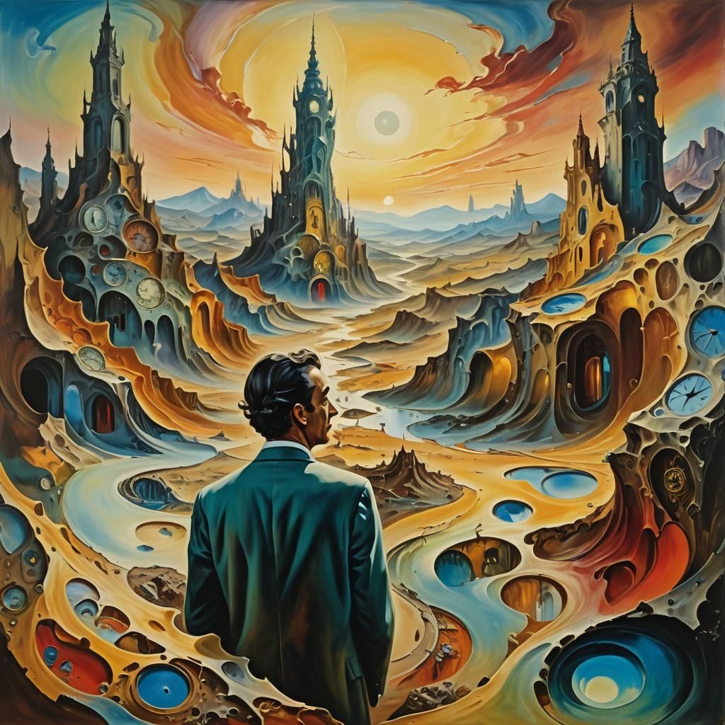 Surreal Distorted Landscape with Melting Clock Towers