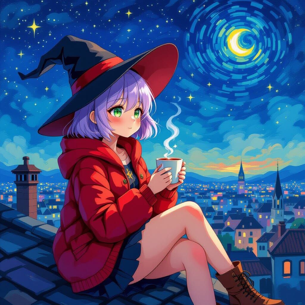 Cute Witch on Rooftop Gazing at Stars in Van Gogh Style
