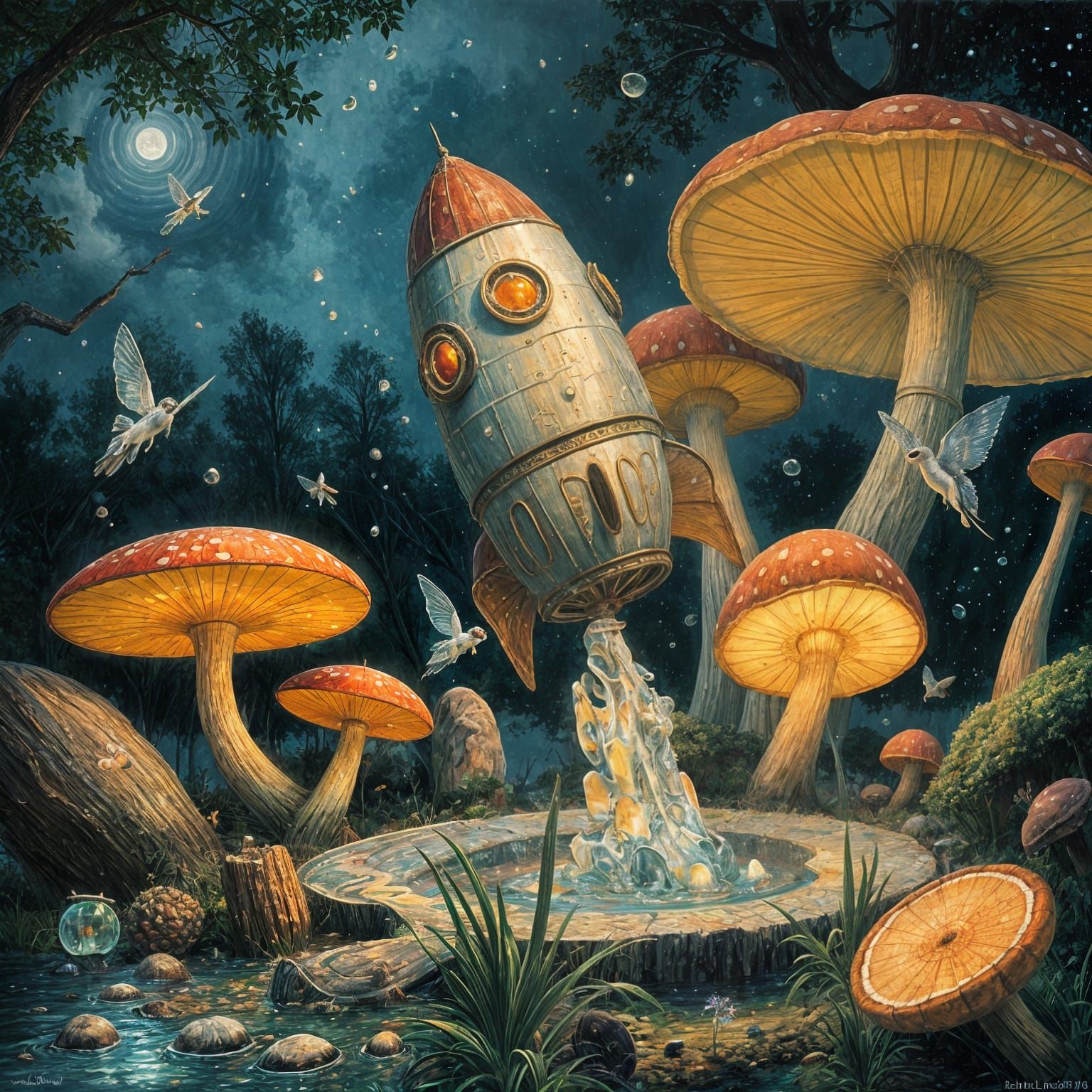 Luminous Rocket Among Glowing Mushrooms, as Impressionist Pa...