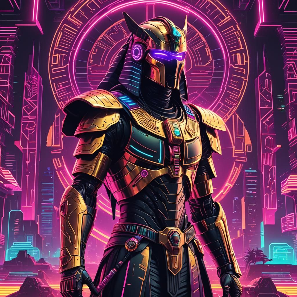 Egyptian Cybertech Warrior in Synthwave Neon Style