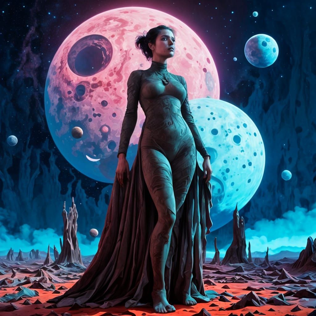 Surreal Night Sky with Two Moons in Sci-Fi Style