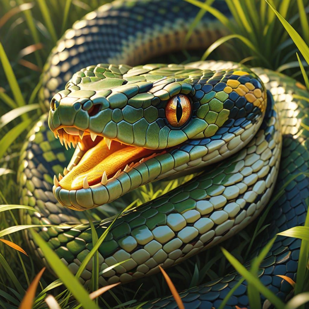 Glistening Snake Slithers in Golden Sunlight: Digital Art