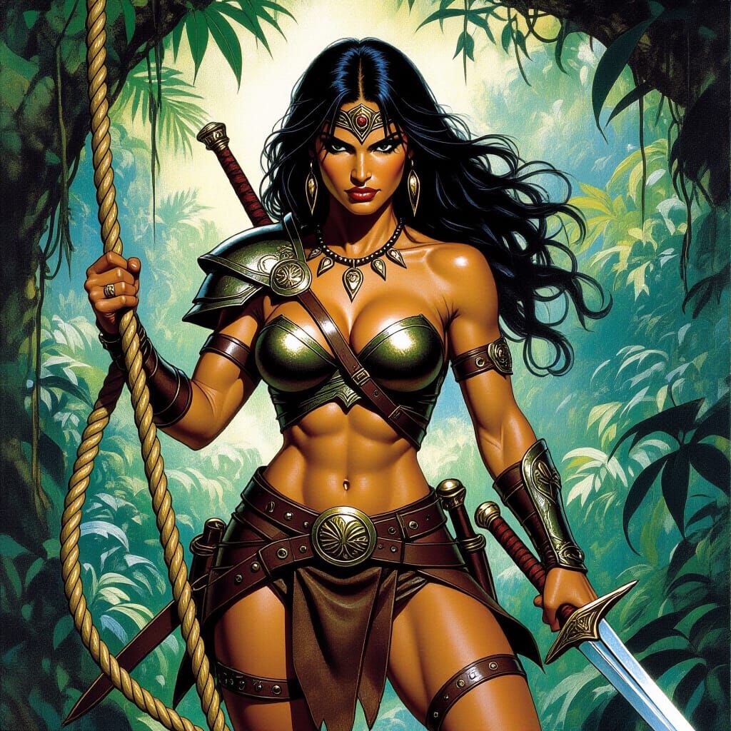 Amazon Goddess, Female Warrior in Lush Jungle